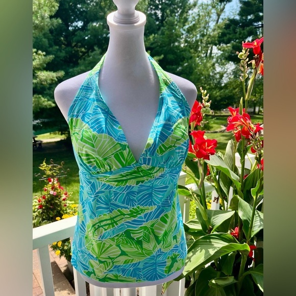 Lilly Pulitzer Blue Green Tropical Leaf Print Halter Tankini Top – Size Large - Picture 2 of 5